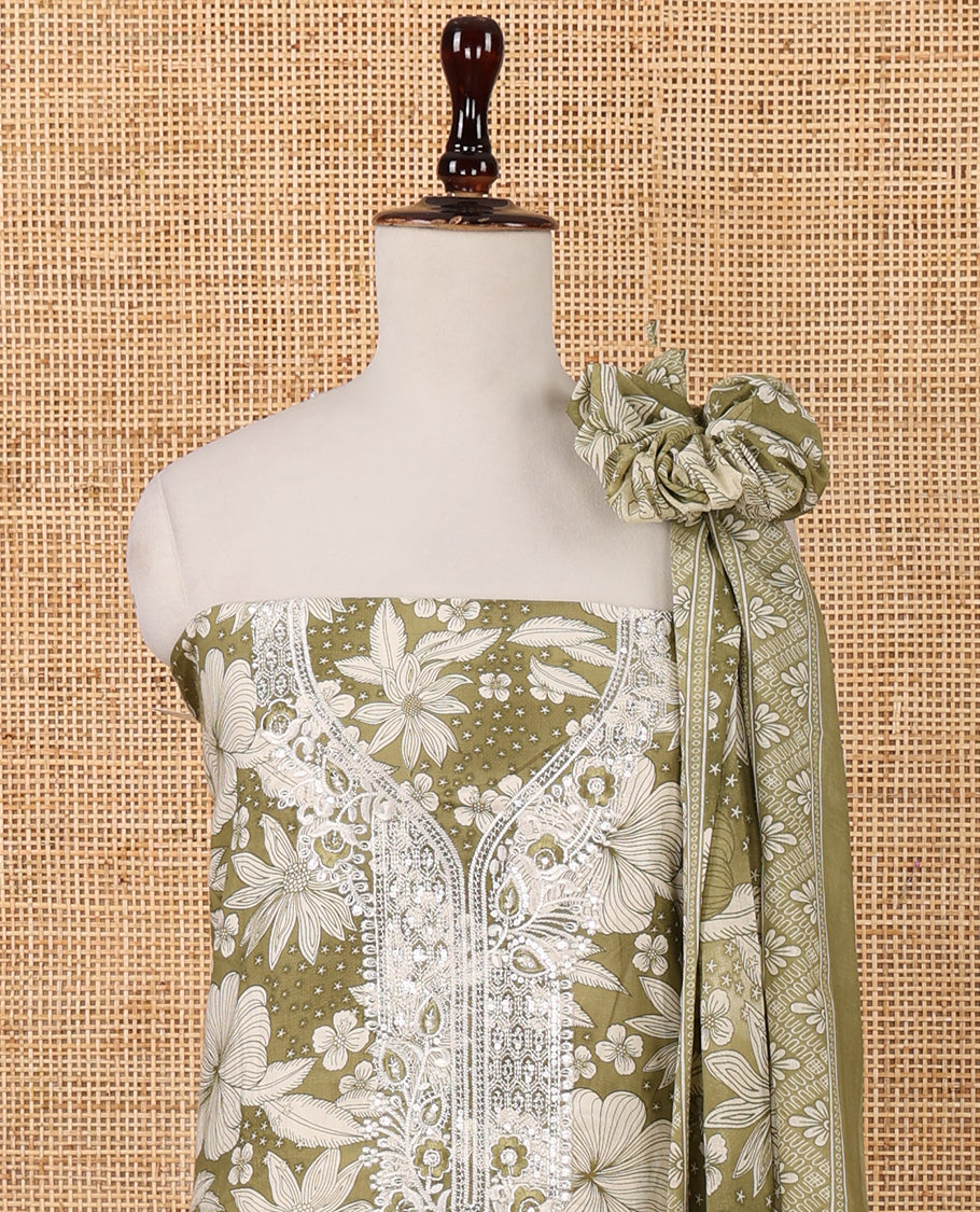 Green cotton chudidar material set,floral print & neck sequin embroidery top,stripes printed bottom & floral printed dupatta