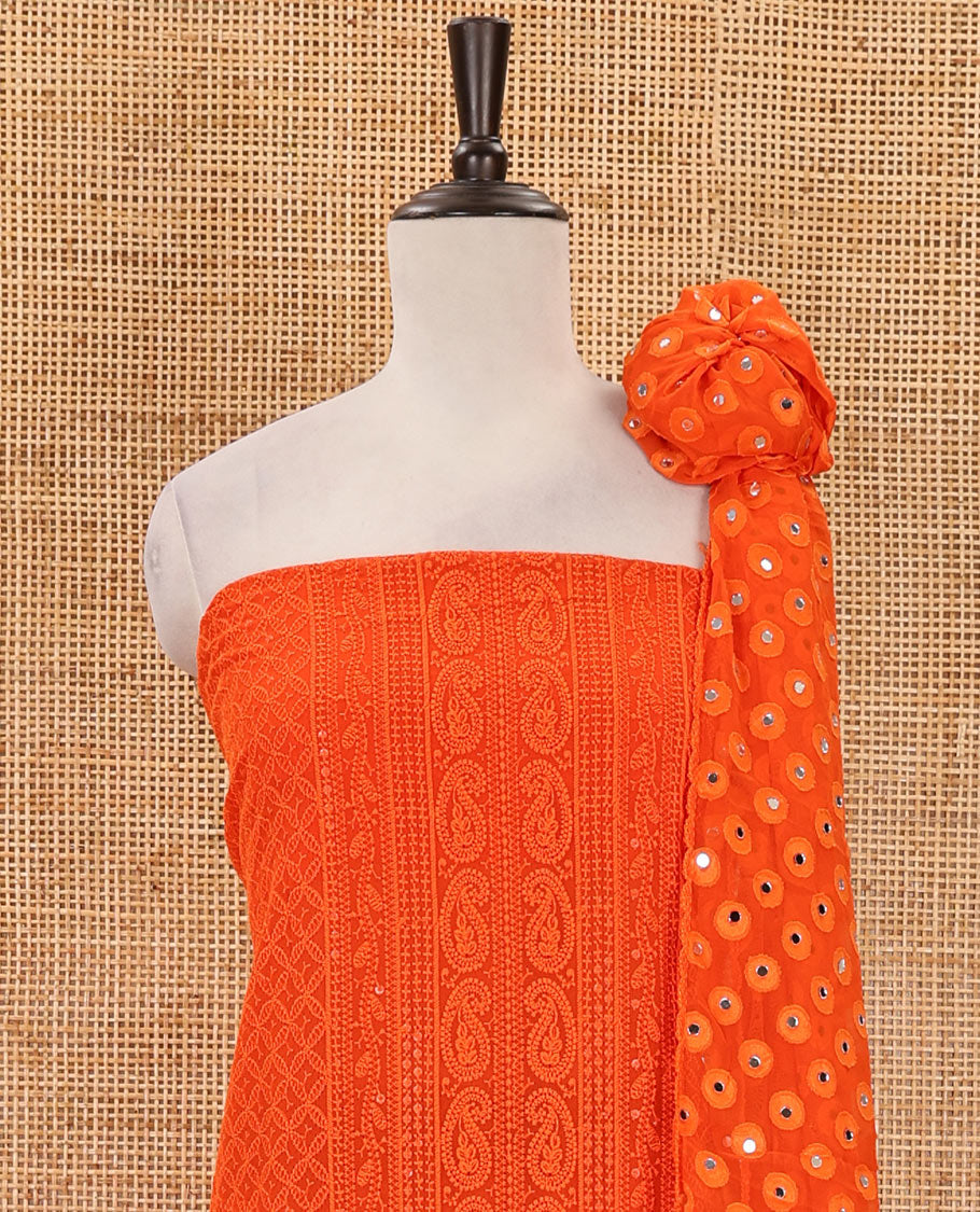 Jalebi orange material chudidar set, floral, paisley & geometric schiffli embroidered georgette top & orginal mirror embroidered georgette dupatta