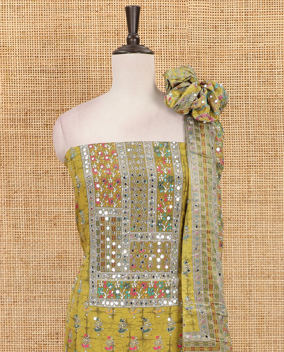 Green material chudidar set, floral-theme batik printed with mirror embroidered crepe top, santoon bottom, and Chinon dupatta of print, and mirror embroidery