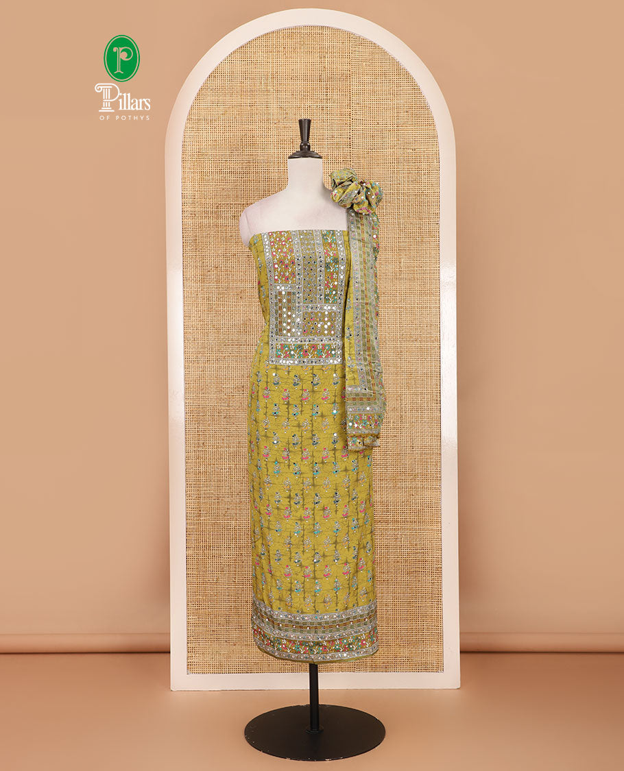 Green material chudidar set, floral-theme batik printed with mirror embroidered crepe top, santoon bottom, and Chinon dupatta of print, and mirror embroidery