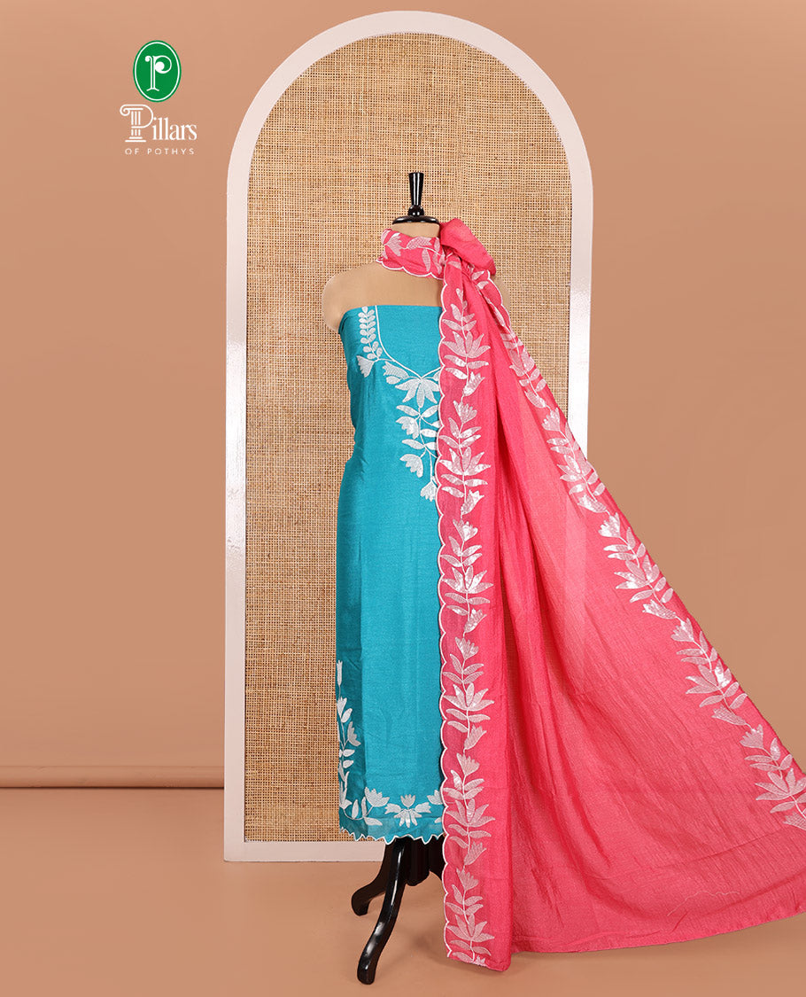 Rama Material Churidar Set, Detailed with Floral Motifs Sequins-Thread Embroidered on Its Vichitra Silk Top, Comes with a Contrast Santoon Bottom, and Paired with a Vichitra Silk Floral Embroidered Scallop Dupatta
