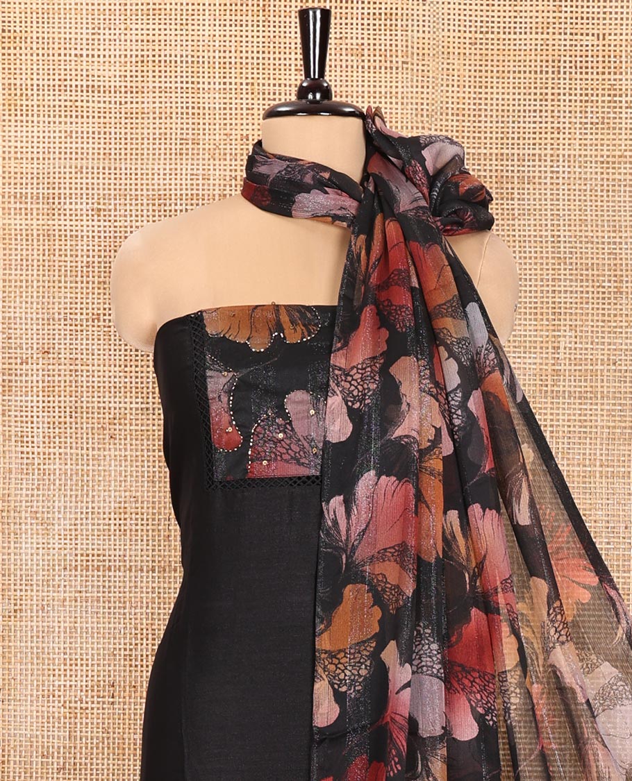 Black Material Churidar Set, Spotlighted with Floral Printed Patch Embroidery Vichitra Silk Top, Comes with a Plain Santoon Bottom, and a Floral Printed Shimmer Georgette Dupatta