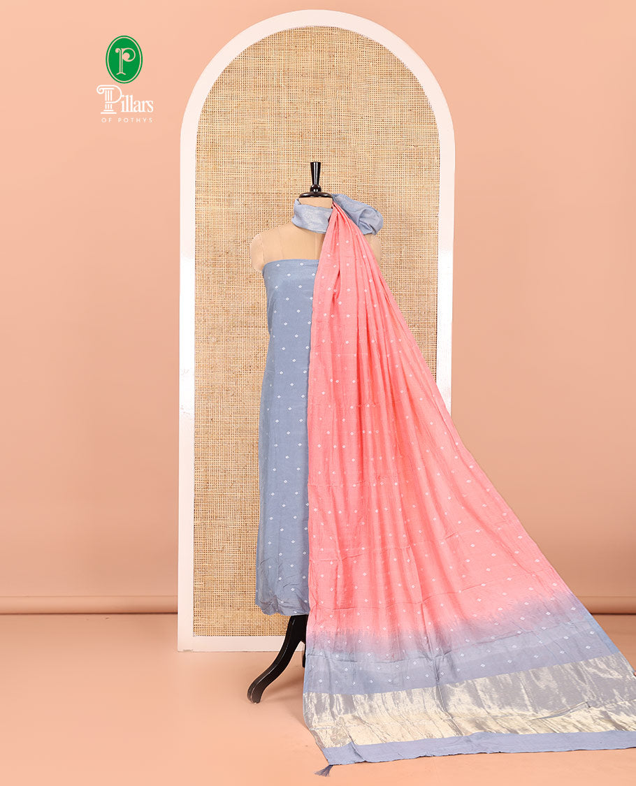 Grey and Pink Semi-Silk Material Churidar Set, Embellished with Bandhani Dots Print, Comes with a Plain Santoon Bottom, and Paired with a Double-Colored Dupatta of Bandhani Dots Print