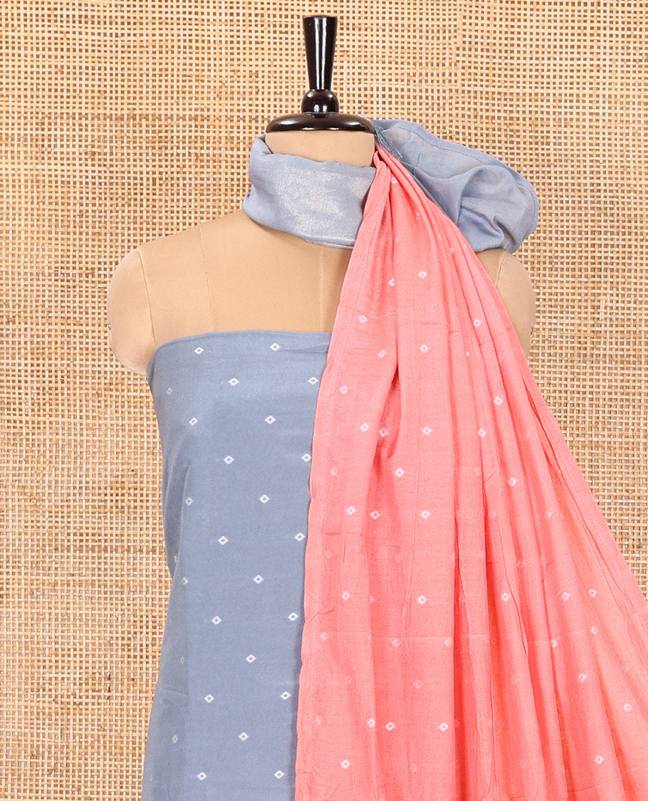 Grey and Pink Semi-Silk Material Churidar Set, Embellished with Bandhani Dots Print, Comes with a Plain Santoon Bottom, and Paired with a Double-Colored Dupatta of Bandhani Dots Print