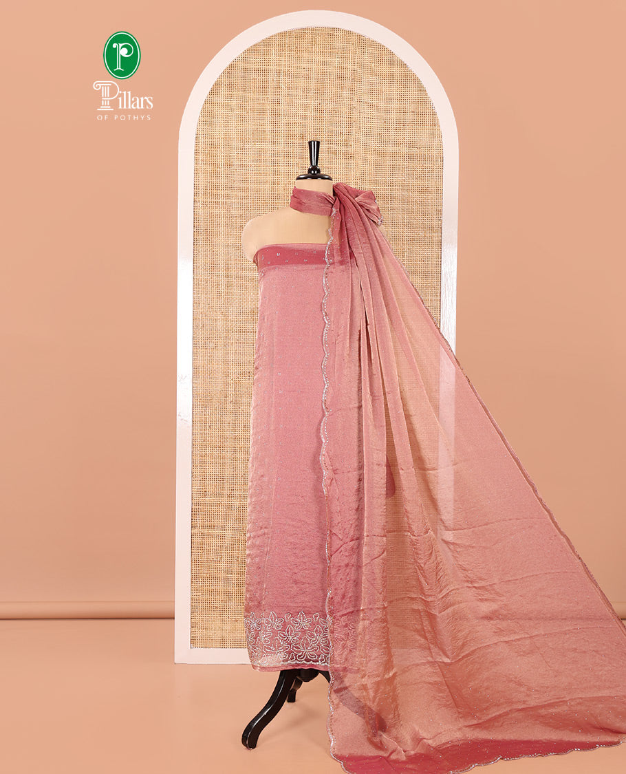 Pink Moss Organza Material Churidar Set, Gleamed Up with Floral Embroidery and Stone Struck on Its Top, a Plain Santoon Bottom, and Paired with a Moss Organza Stone Work Scallop Dupatta