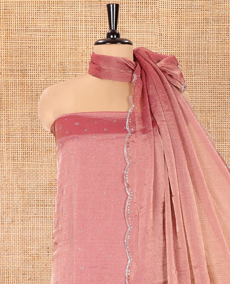 Pink Moss Organza Material Churidar Set, Gleamed Up with Floral Embroidery and Stone Struck on Its Top, a Plain Santoon Bottom, and Paired with a Moss Organza Stone Work Scallop Dupatta