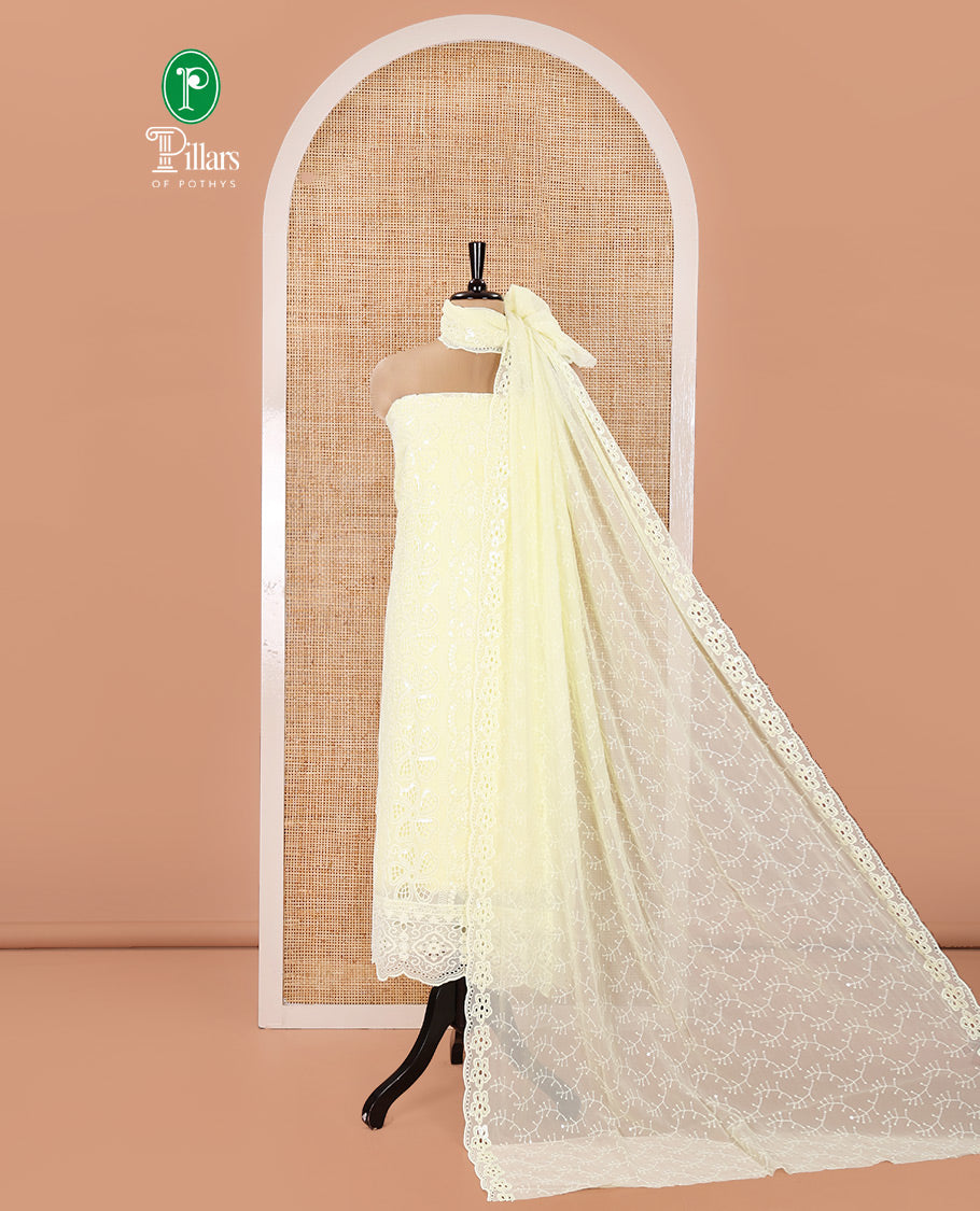 Lemon Yellow Fox Georgette Material Chudidar Set, Adorned with Cut Work and Sequins Embroidered Top, a Plain American Crepe Bottom, and Comes with a Embroidered Georgette Scallop Dupatta