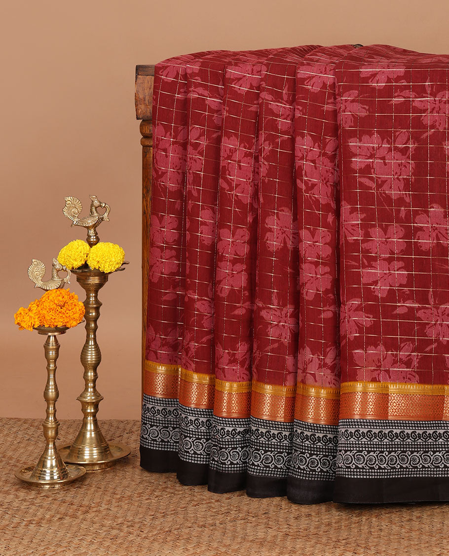 Rust color checked & floral printed chanderi cotton saree, contrast zari & block printed border of diamond, bentex, floral creeper & paisley design along with zari striped pallu