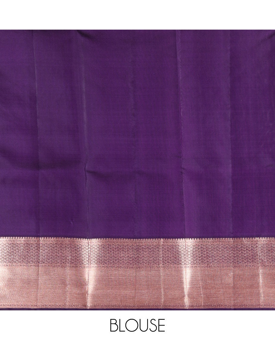 Purple Vasundhara Silk Saree, Accentuated with Floral Jaal Jacquard, Complemented by Zari Border of Thilakam Mokku, Lavangam, and Jaal Designs, Grandly Woven Pallu, and Paired with a Matching Blouse