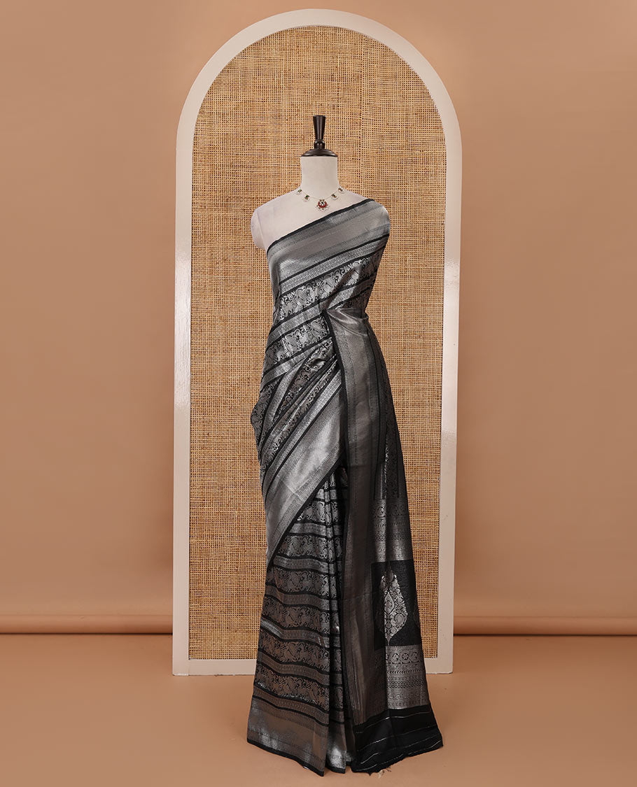 Black mayil & yaali zari jacquard softy saree, traditional zari border, intricate pallu & matching zari design blouse