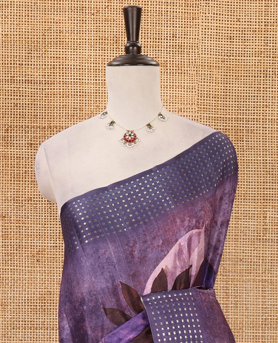 Lavender floral-leaf eco-digital printed fancy tussar saree, zari border, pallu of dobby-style buttas & matching blouse of print & zari work