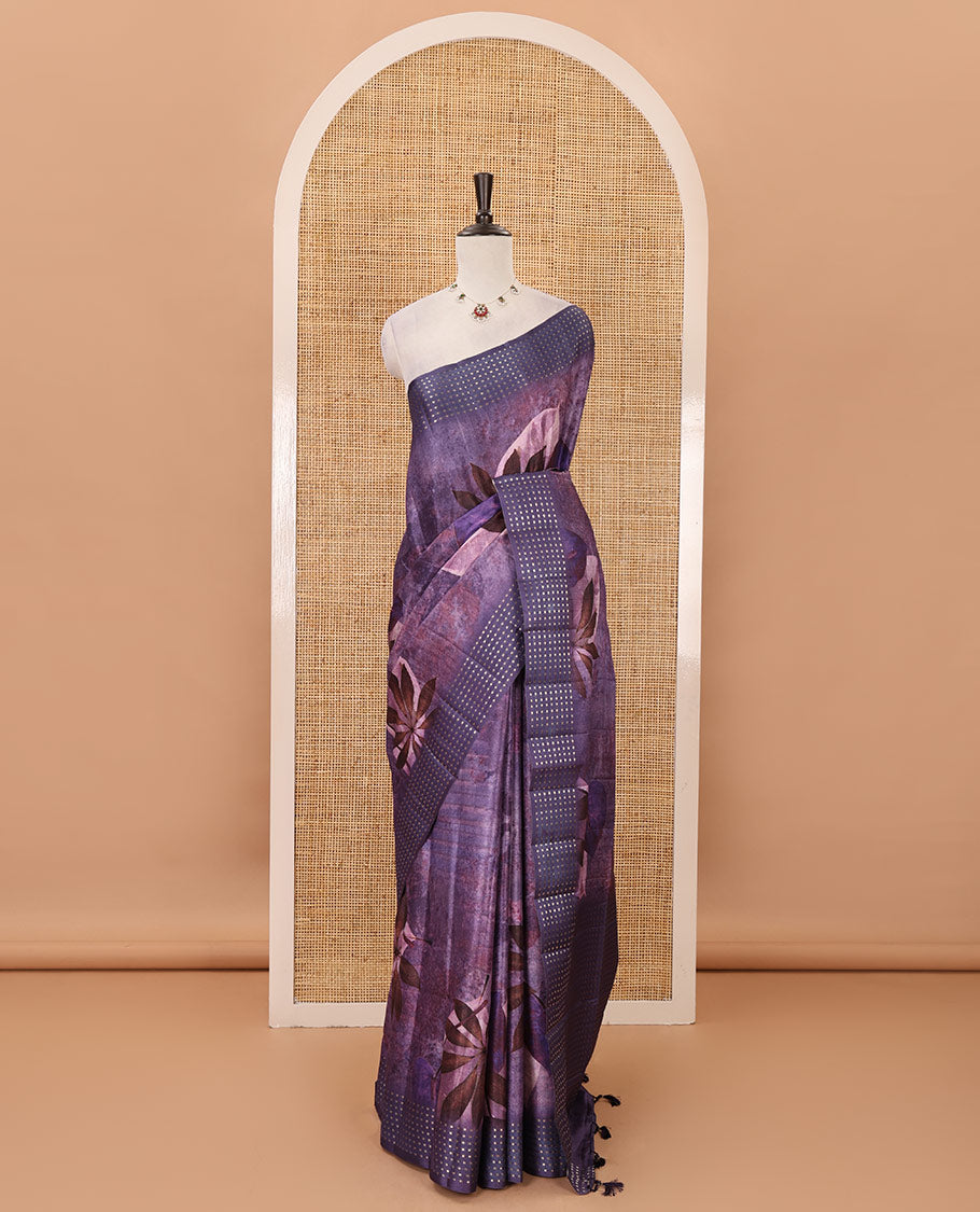 Lavender floral-leaf eco-digital printed fancy tussar saree, zari border, pallu of dobby-style buttas & matching blouse of print & zari work