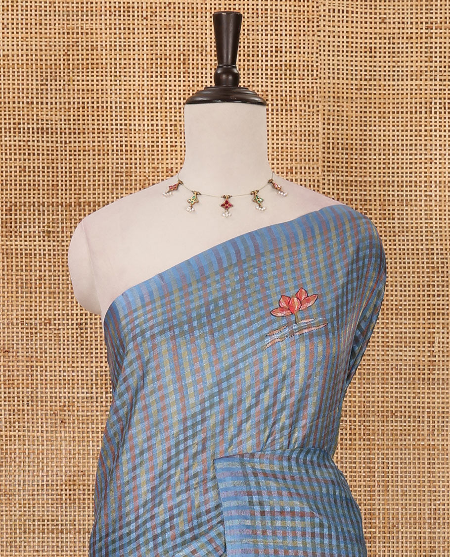 Borderless blue checked & lotus motifs kantha work-style printed fancy tussar saree, painting-style scenery printed pallu & lotus motifs printed blouse