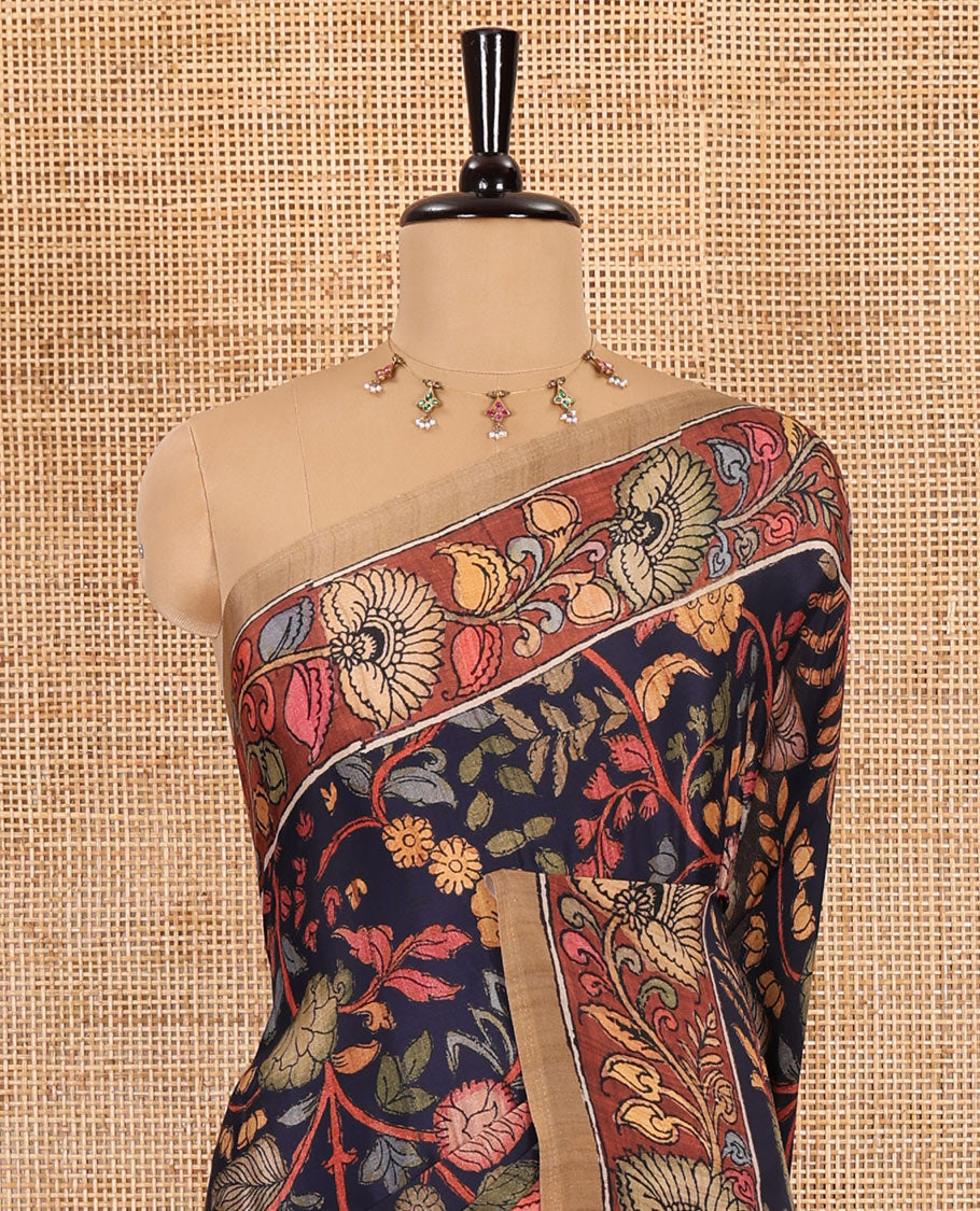 Navy blue kalamkari floral vine printed Italian crepe saree, contrast kalamkari floral creeper printed border, pallu of Pichwai and kalamkari print, and a plain blouse