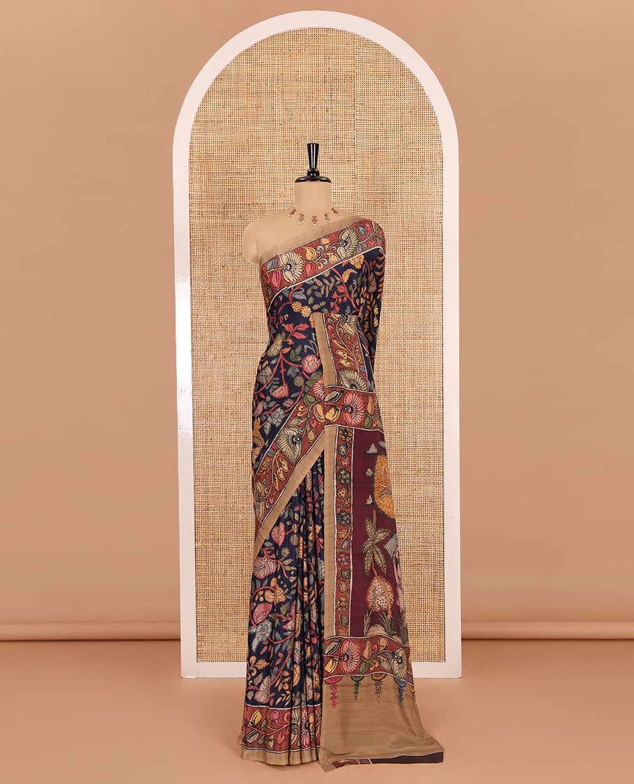Navy blue kalamkari floral vine printed Italian crepe saree, contrast kalamkari floral creeper printed border, pallu of Pichwai and kalamkari print, and a plain blouse