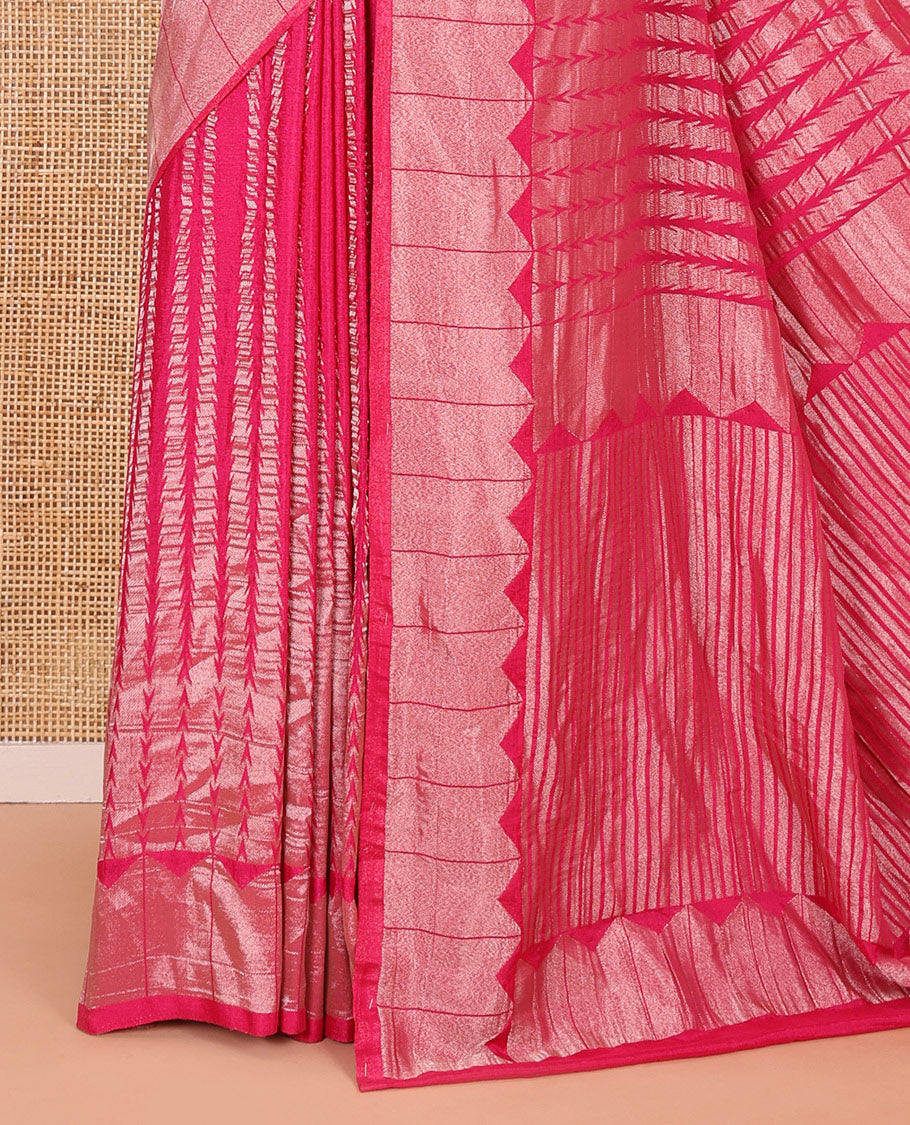 Rani pink zari geometric fancy crepe saree, temple zari border, zari striped pallu, and a matching buttas woven blouse