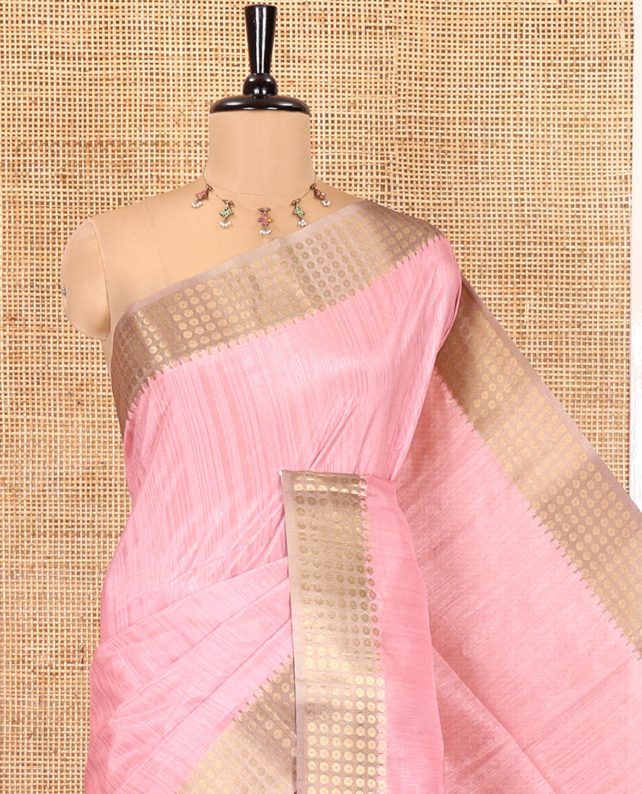Onion Pink Plain Matka Silk Fancy Saree , Small Polka Dots Woven Temple contrast Border, Pallu Steeped with Polka Dots, and Paired with a Patola-Style Floral Printed Blouse