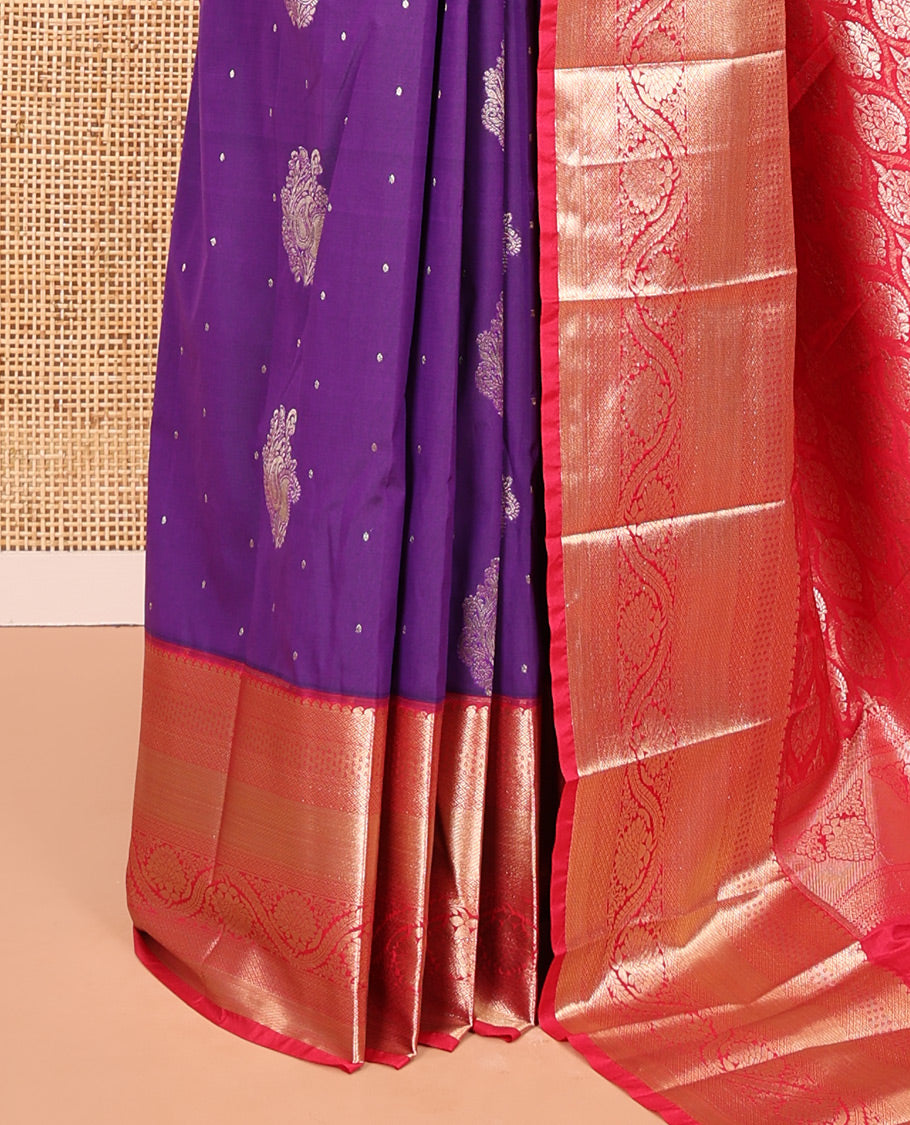 Purple and Pink Budget Silk Saree, Zari Buttas All Over Its Body, With Contrast Traditional Zari Border of Floral Creeper Designs, Grand Ogee-Patterned Pallu, and Contrast Blouse