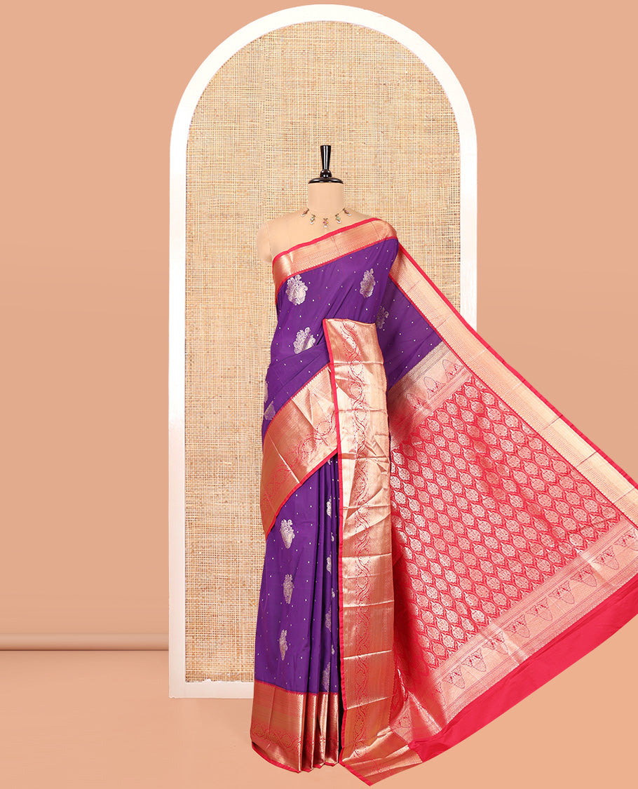 Purple and Pink Budget Silk Saree, Zari Buttas All Over Its Body, With Contrast Traditional Zari Border of Floral Creeper Designs, Grand Ogee-Patterned Pallu, and Contrast Blouse
