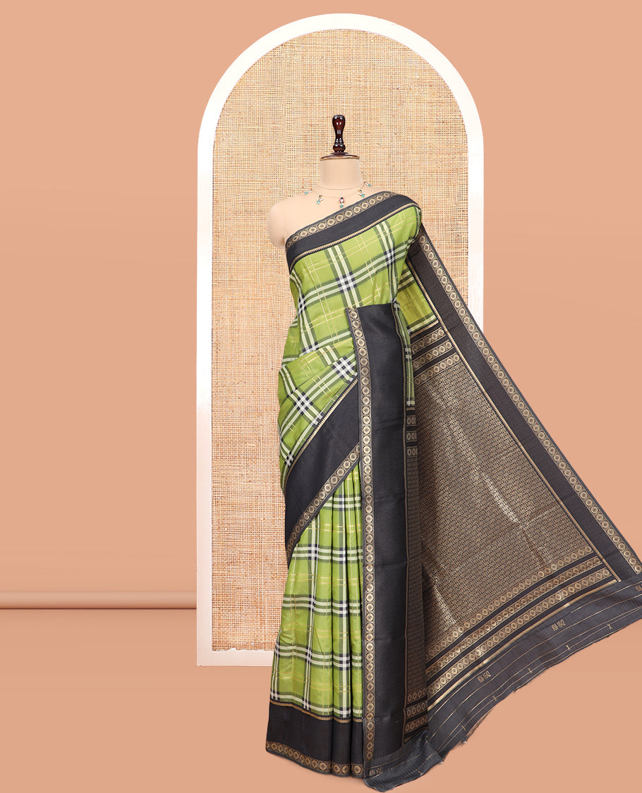 Light Green Budget Silk Saree, Adorned with Burberry-Style Checks, a Contrast Rettai Pettu Border, Intricate Pallu, and a Contrast Blouse