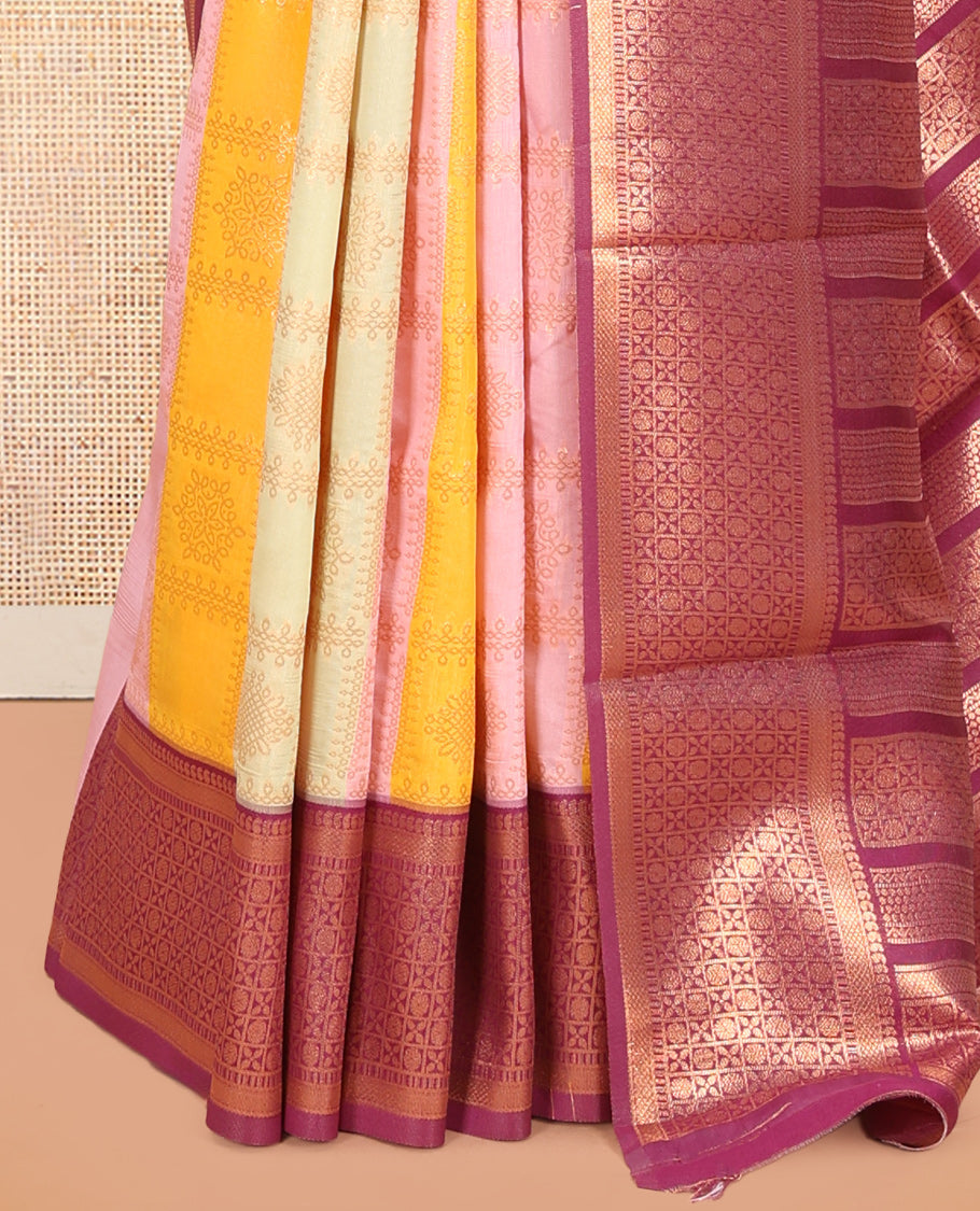 Multi-Color Zari Butta Enclosed Checks Litchi Saree, Decked Up with Contrast Traditional Border and Blouse