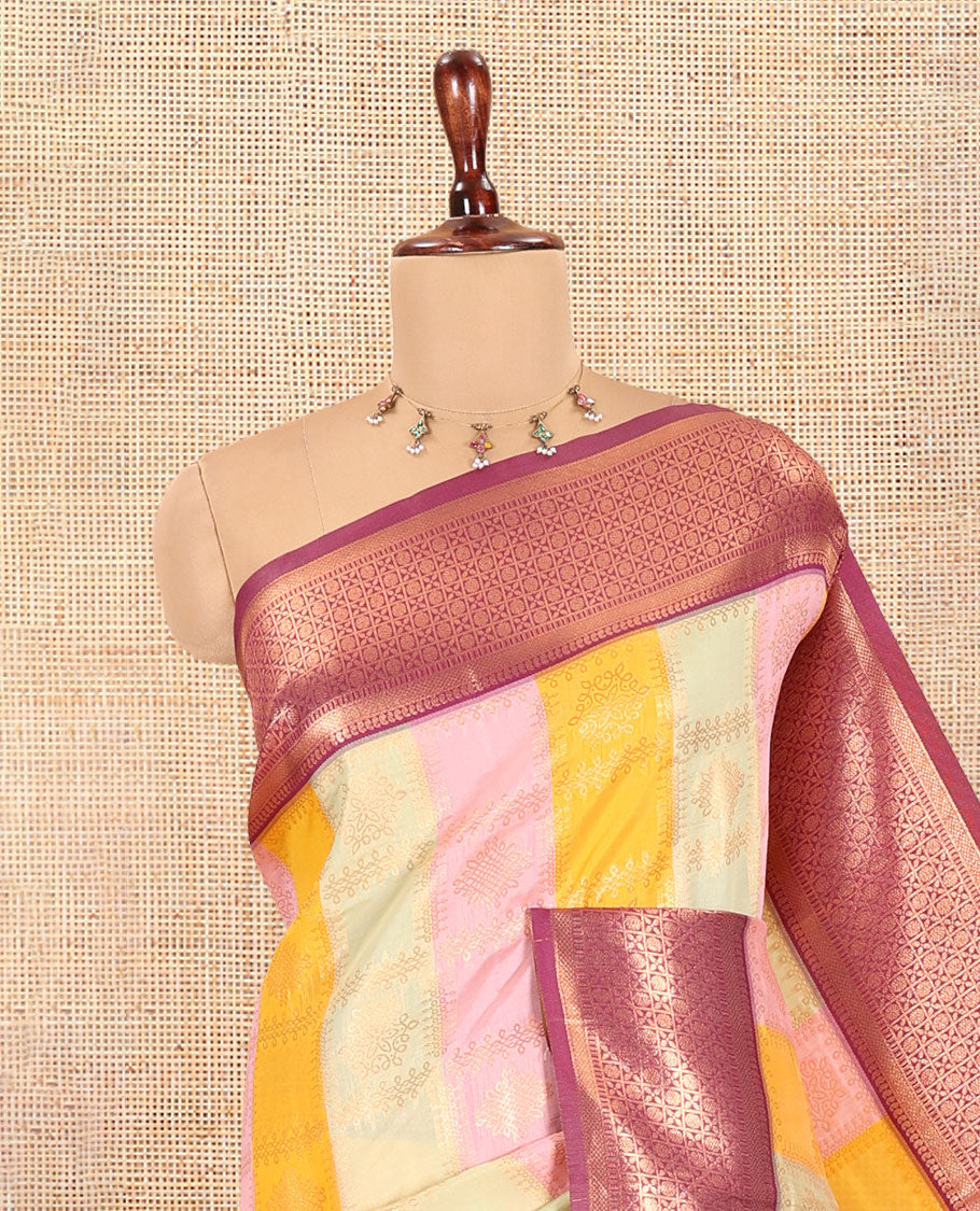 Multi-Color Zari Butta Enclosed Checks Litchi Saree, Decked Up with Contrast Traditional Border and Blouse