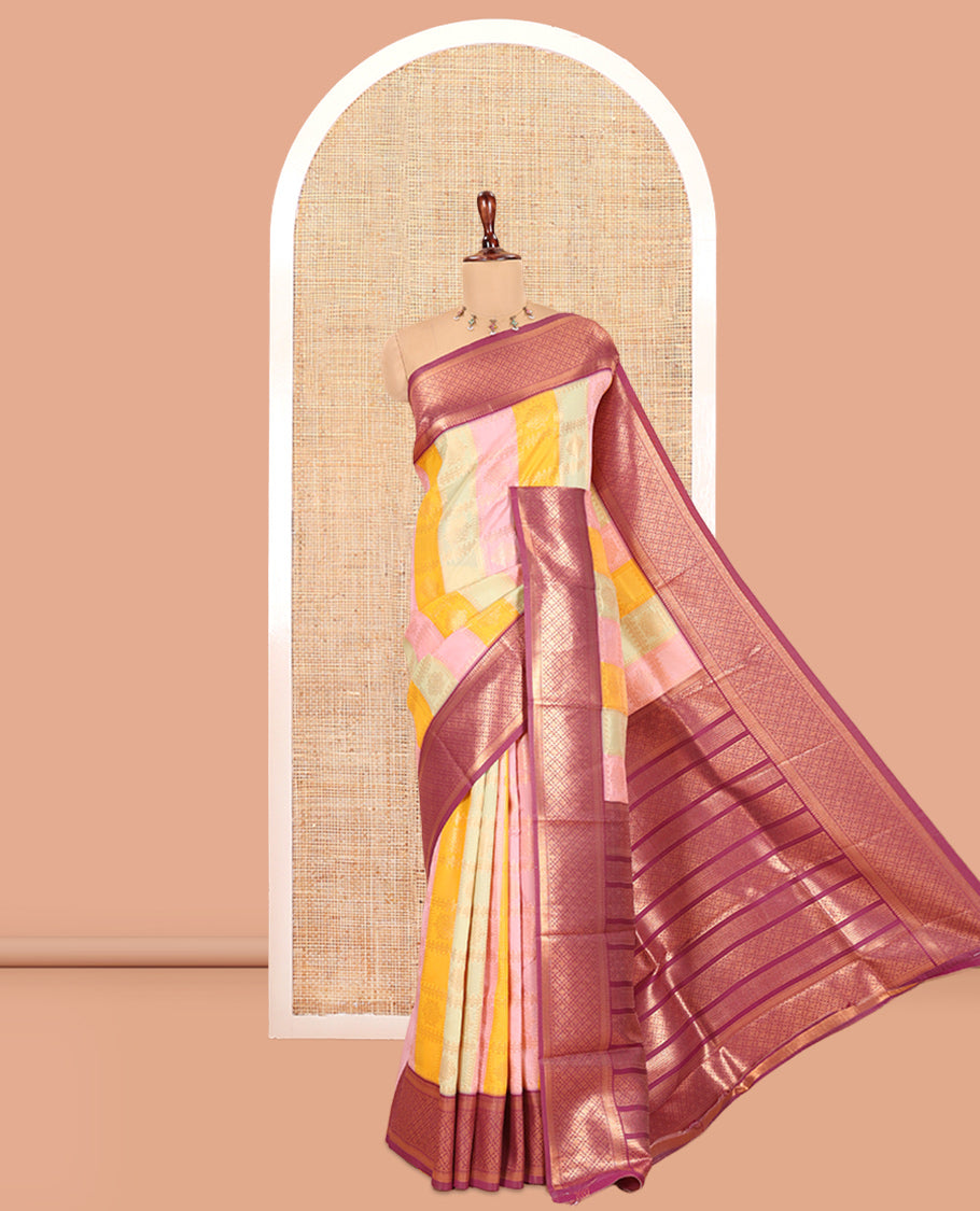 Multi-Color Zari Butta Enclosed Checks Litchi Saree, Decked Up with Contrast Traditional Border and Blouse