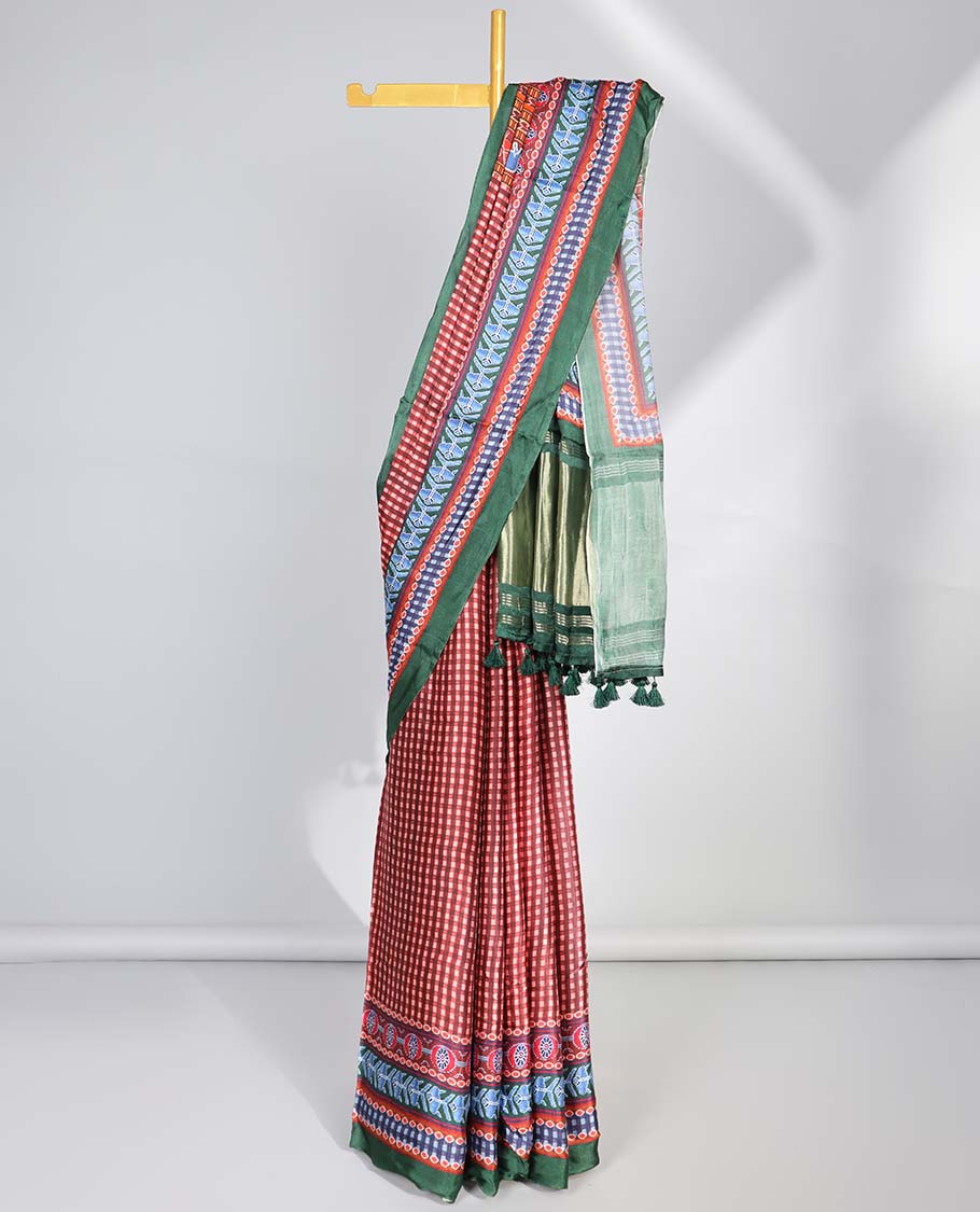 Red checked design semi-banaras printed saree with contrast geometric border & animal, geometric design pallu