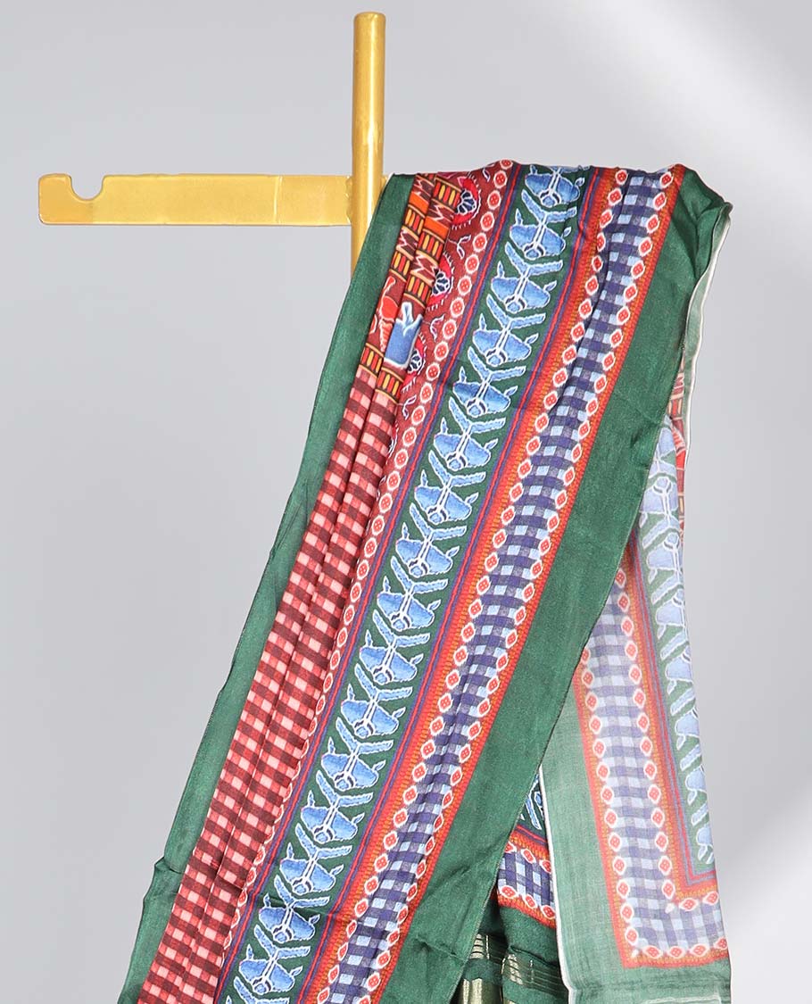 Red checked design semi-banaras printed saree with contrast geometric border & animal, geometric design pallu