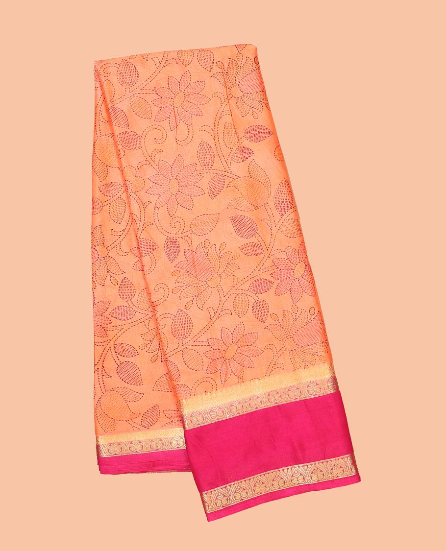 Orange madhubani-style floral vine semi-banaras printed saree, contrast traditional design border & striped pallu