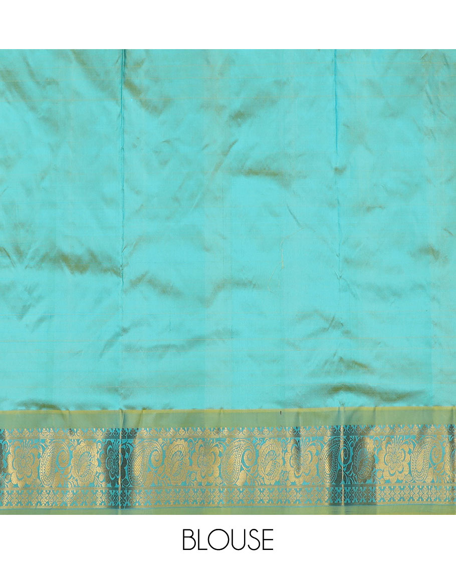 Blue Pure Silk Half-Saree Beautified with Floral Zari Designs on the Skirt, Complemented by a Contrast Zari-Design Border, Paired with a Contrast Blouse, and Featuring a Jaal-Designed Dhavani