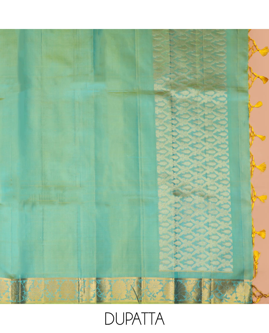 Blue Pure Silk Half-Saree Beautified with Floral Zari Designs on the Skirt, Complemented by a Contrast Zari-Design Border, Paired with a Contrast Blouse, and Featuring a Jaal-Designed Dhavani