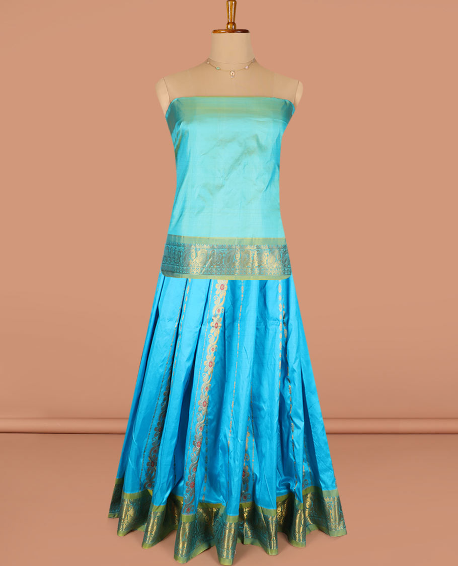 Blue Pure Silk Half-Saree Beautified with Floral Zari Designs on the Skirt, Complemented by a Contrast Zari-Design Border, Paired with a Contrast Blouse, and Featuring a Jaal-Designed Dhavani