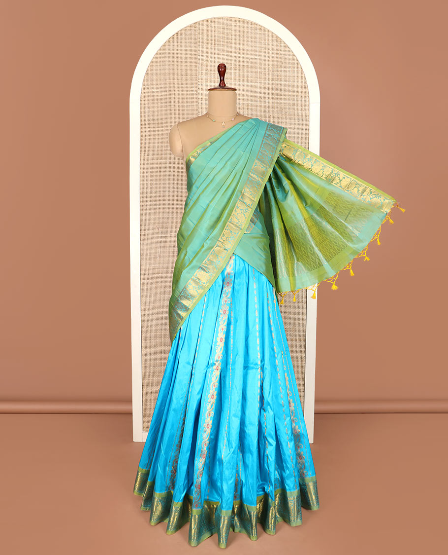 Blue Pure Silk Half-Saree Beautified with Floral Zari Designs on the Skirt, Complemented by a Contrast Zari-Design Border, Paired with a Contrast Blouse, and Featuring a Jaal-Designed Dhavani