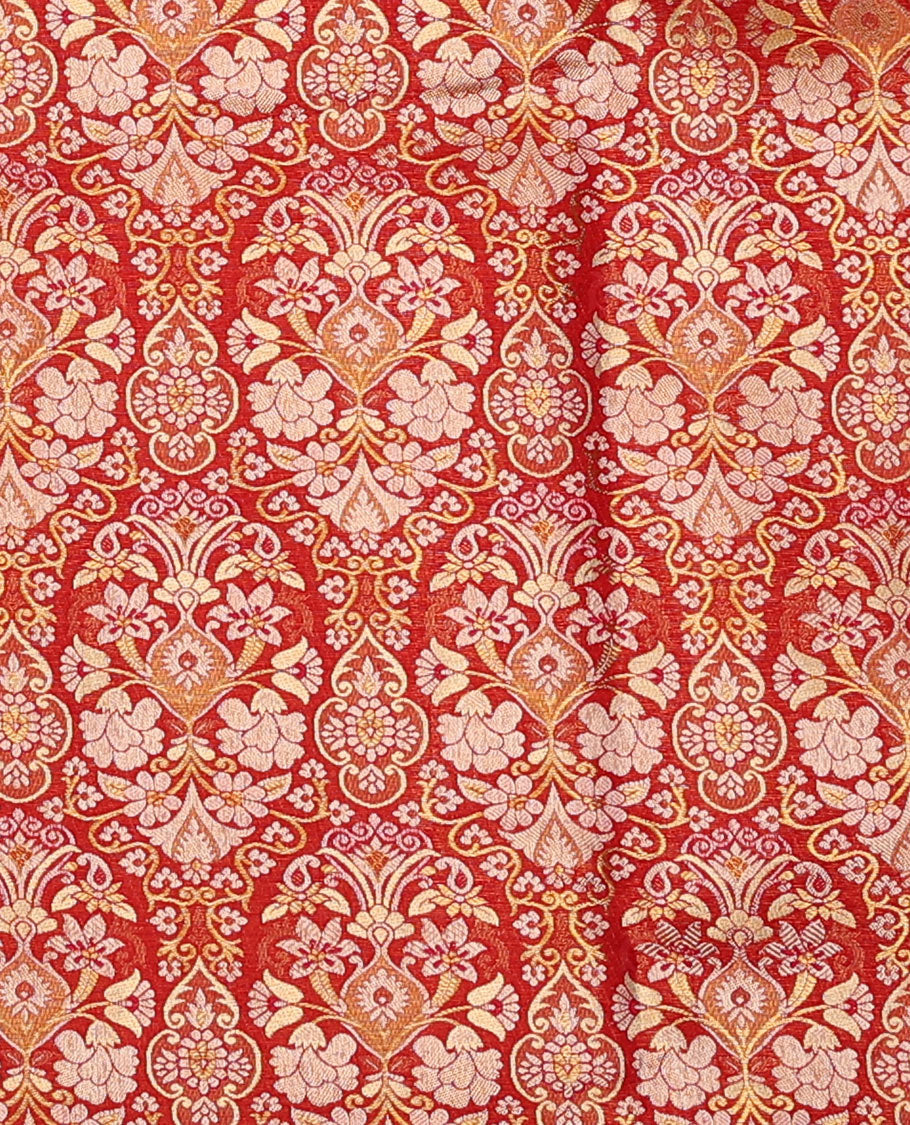 Red pure-silk half saree, jacquard skirt, zari border & blouse of thilakam,muthu,poo chakram & mayil kann & intricate dhavani