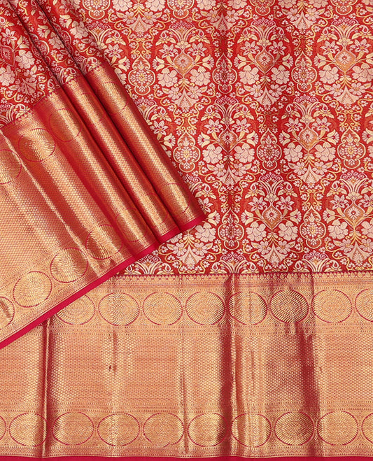 Red pure-silk half saree, jacquard skirt, zari border & blouse of thilakam,muthu,poo chakram & mayil kann & intricate dhavani