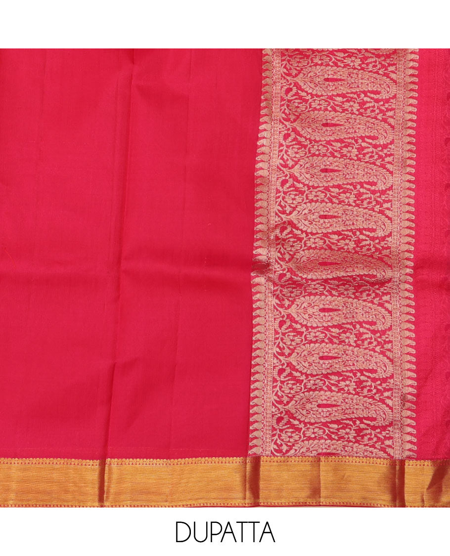 Red pure-silk half saree, jacquard skirt, zari border & blouse of thilakam,muthu,poo chakram & mayil kann & intricate dhavani