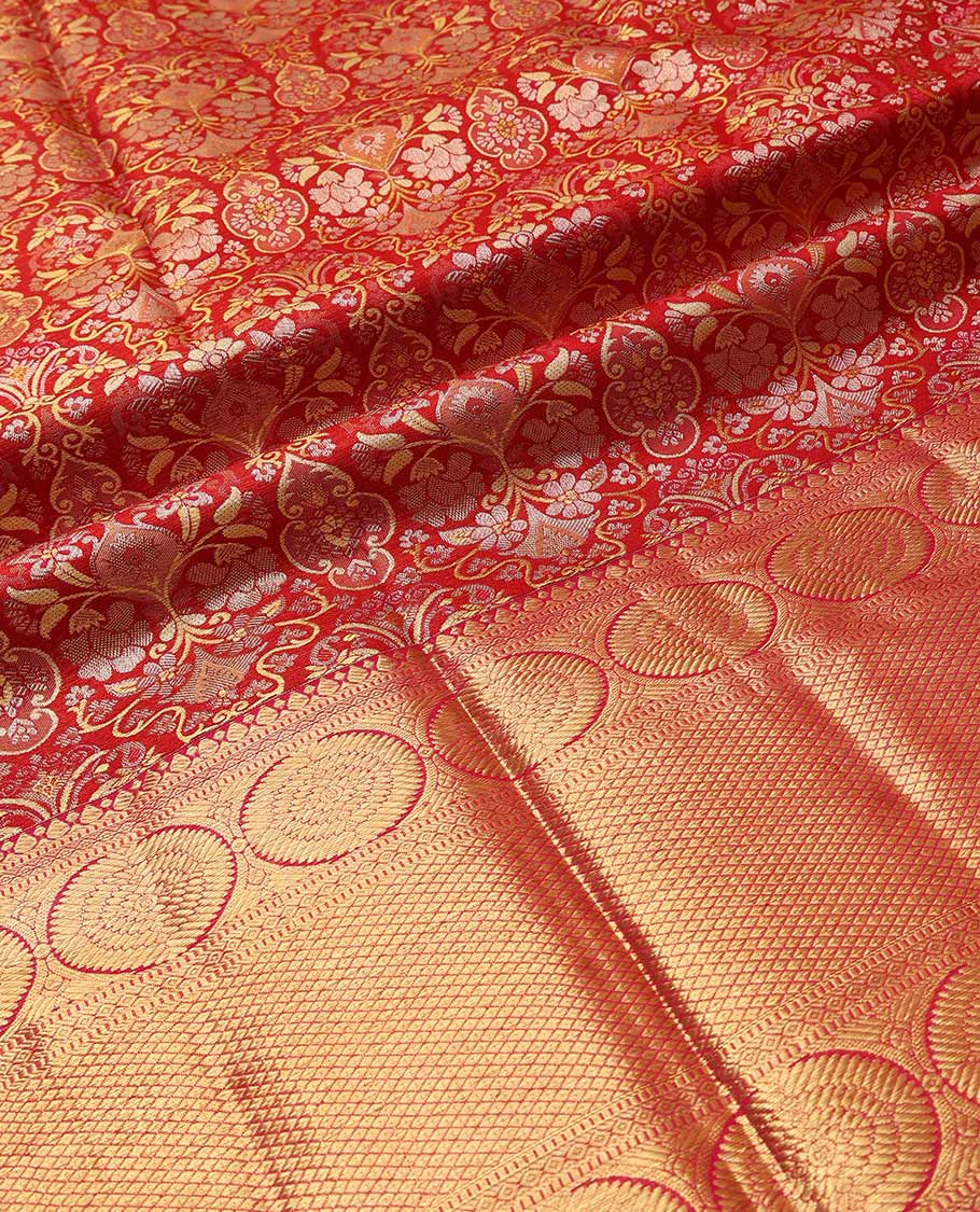 Red pure-silk half saree, jacquard skirt, zari border & blouse of thilakam,muthu,poo chakram & mayil kann & intricate dhavani