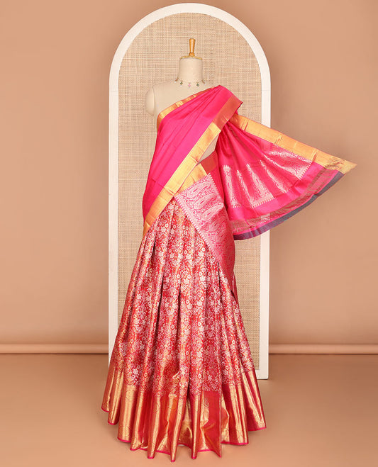 Red pure-silk half saree, jacquard skirt, zari border & blouse of thilakam,muthu,poo chakram & mayil kann & intricate dhavani