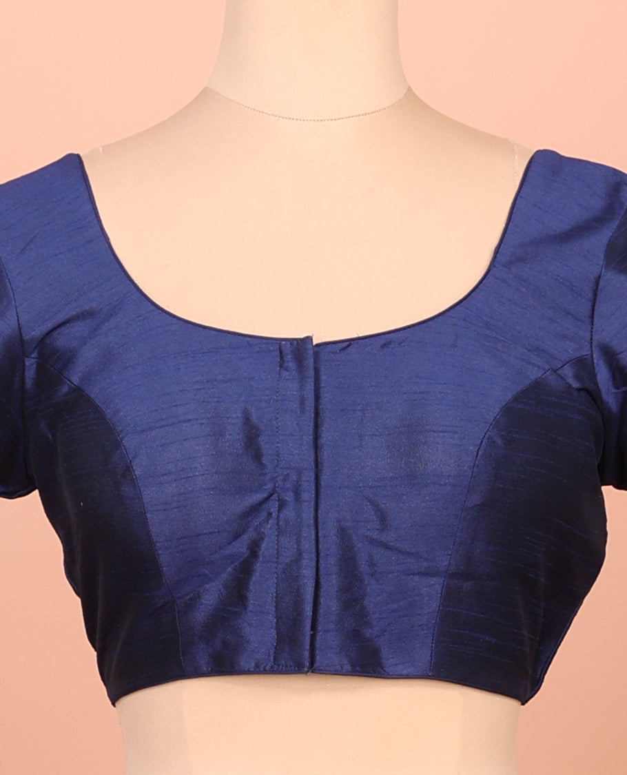 Blue Plain Readymade Blouse Featuring a Front Round-Neck, Back Round-Neck, and Elbow Sleeves