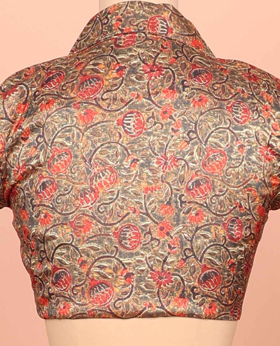 Brown Readymade Blouse, Adorned with a Floral Vine Print, Featuring a Front Shawl-Neck, Back Shawl-Neck, and Elbow Sleeves
