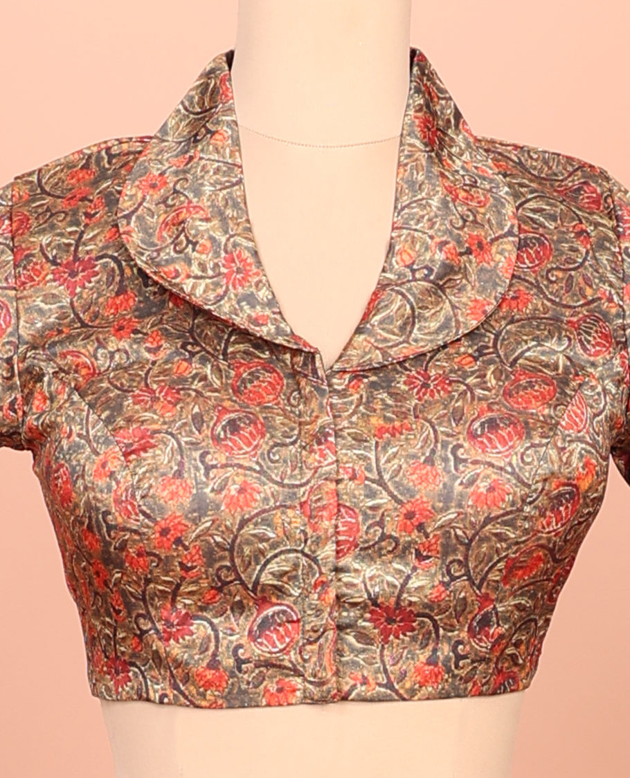 Brown Readymade Blouse, Adorned with a Floral Vine Print, Featuring a Front Shawl-Neck, Back Shawl-Neck, and Elbow Sleeves