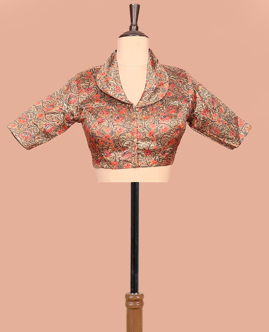 Brown Readymade Blouse, Adorned with a Floral Vine Print, Featuring a Front Shawl-Neck, Back Shawl-Neck, and Elbow Sleeves