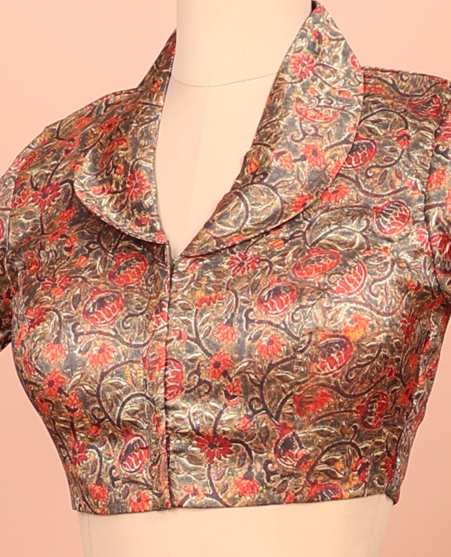 Brown Readymade Blouse, Adorned with a Floral Vine Print, Featuring a Front Shawl-Neck, Back Shawl-Neck, and Elbow Sleeves