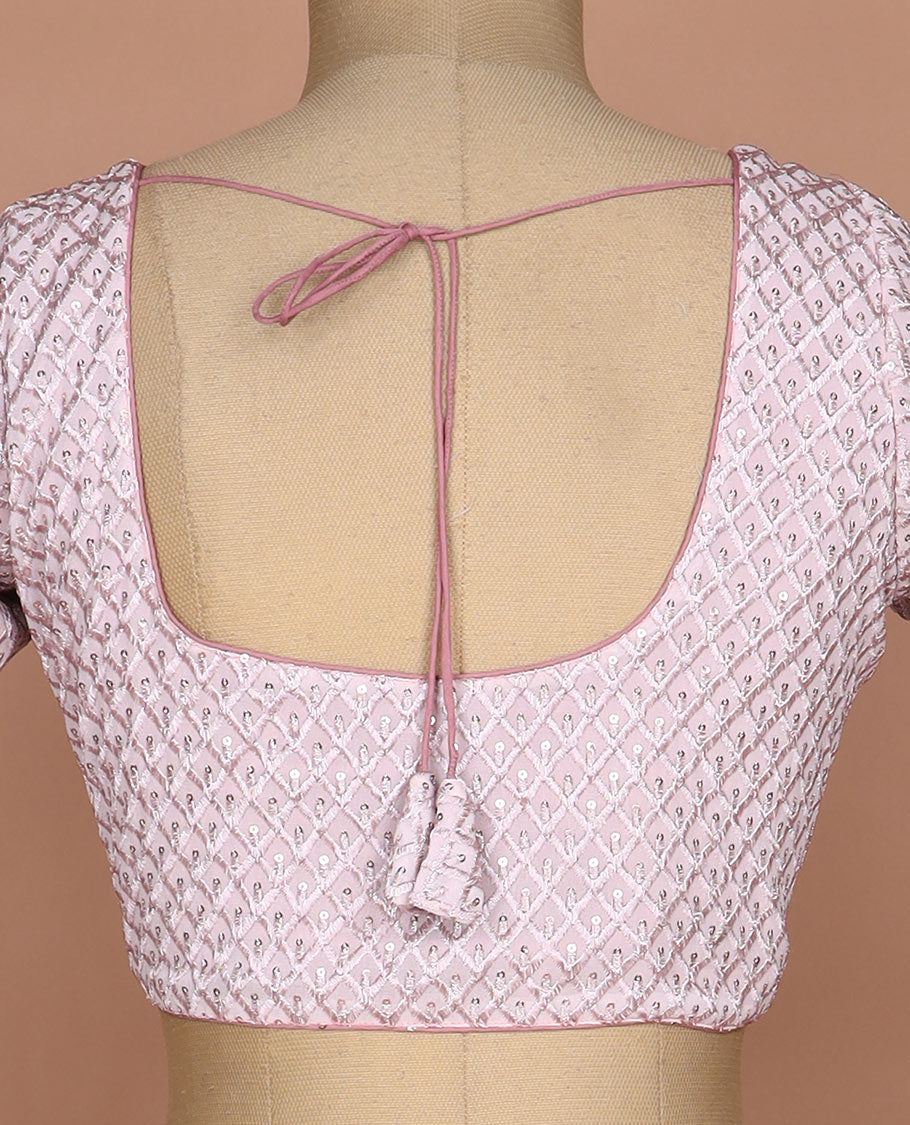 Baby pink thread and sequins argyle design embroidered round neck elbow sleeve raw silk readymade blouse