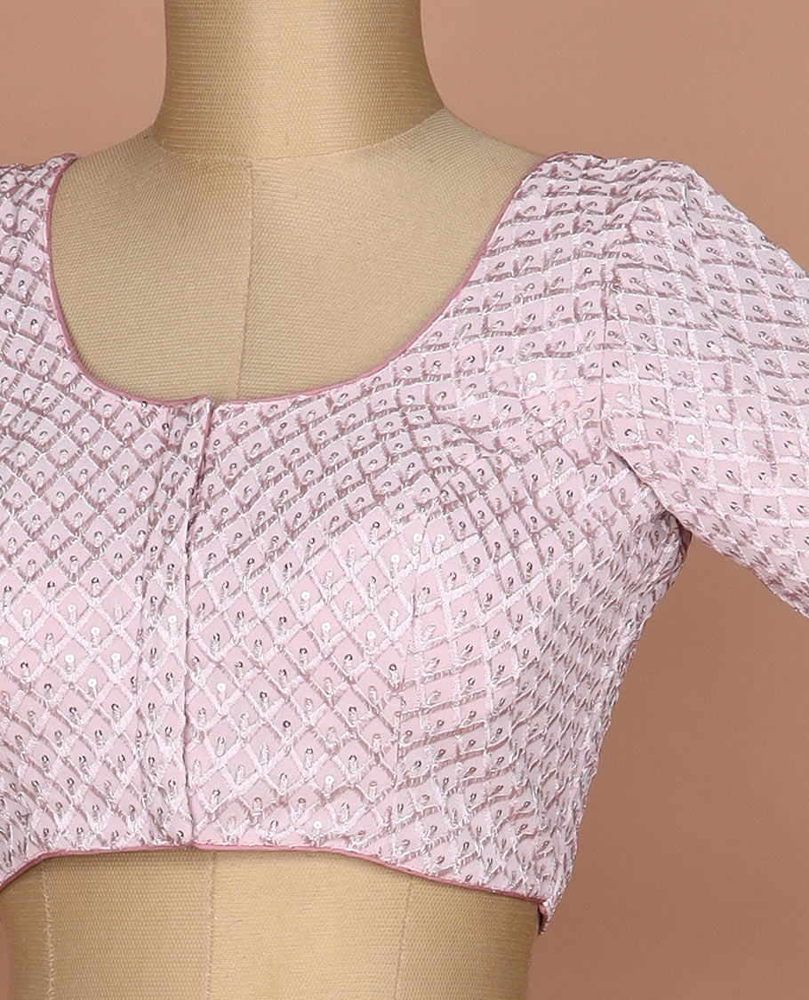 Baby pink thread and sequins argyle design embroidered round neck elbow sleeve raw silk readymade blouse
