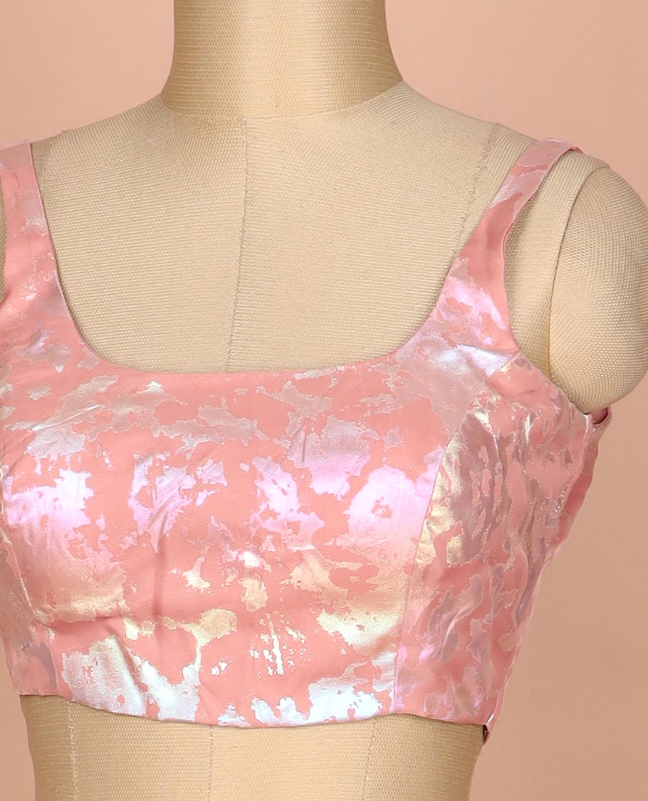 Pinkish peach abstract style foil printed round neck thick strap sleeveless readymade blouse