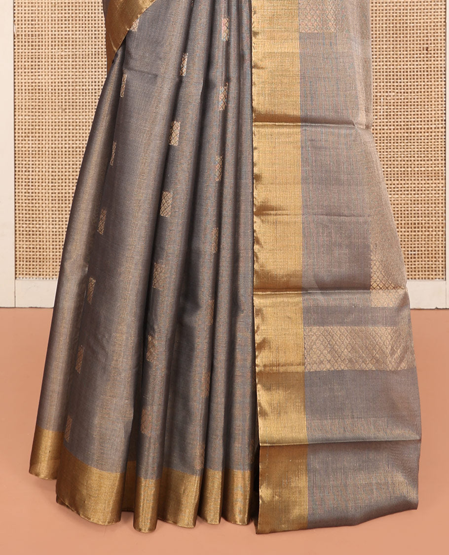 Grey Silk Cotton Saree, Woven with Buttas, a Subtle Bavanji Border, Pallu of Intricate Designs, and Matching Blouse