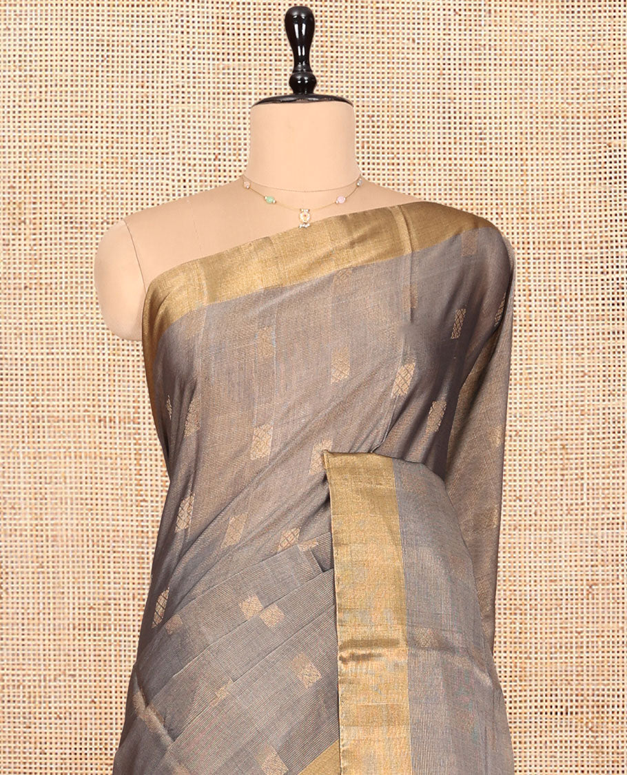 Grey Silk Cotton Saree, Woven with Buttas, a Subtle Bavanji Border, Pallu of Intricate Designs, and Matching Blouse