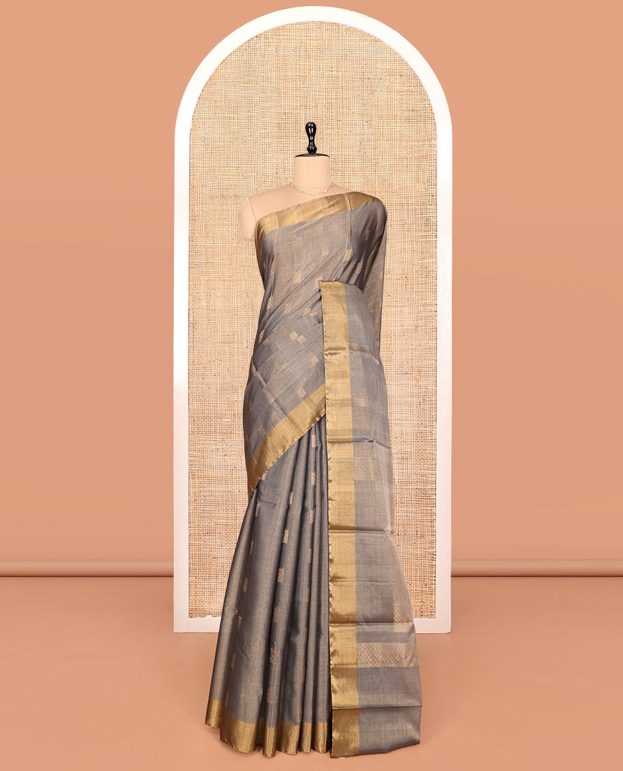 Grey Silk Cotton Saree, Woven with Buttas, a Subtle Bavanji Border, Pallu of Intricate Designs, and Matching Blouse